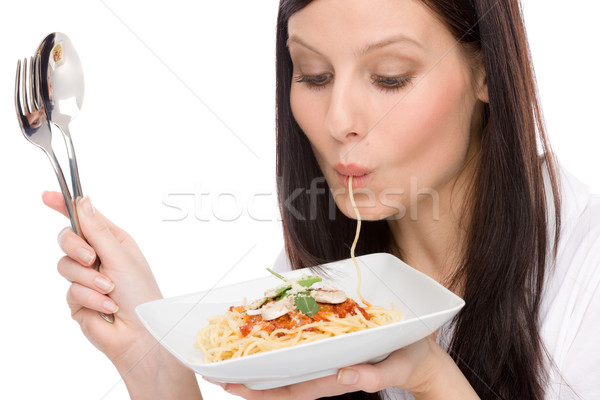 ストックフォト: のイタリア料理 · 肖像 · 女性 · 食べる · スパゲティ · ソース