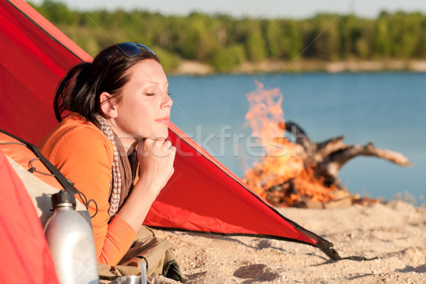 Kamp mutlu kadın dinlenmek çadır kamp ateşi Stok fotoğraf © CandyboxPhoto