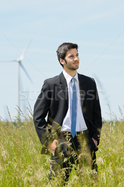 Stockfoto: Groene · energie · jonge · zakenman · veld · windmolen · natuur