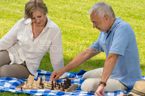 Stock fotó: Nyugdíjas · idős · pár · játszik · sakk · park · ül