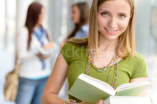ストックフォト: 高校 · 十代の · 学生 · 女性 · を読む · 図書