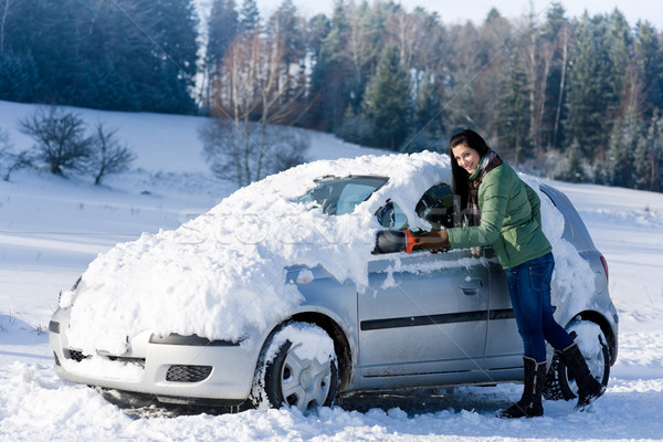 Stock photo: Winter car - woman remove snow from windshield