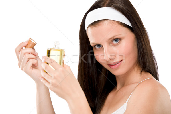 Stock fotó: Gyönyörű · nő · tart · parfüm · üveg · fehér · nő