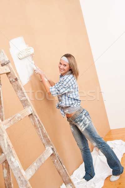 Foto stock: Melhoramento · da · casa · mulher · pintura · parede · pintar