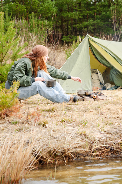 Camping woman tent cook food fire nature Stock photo © CandyboxPhoto