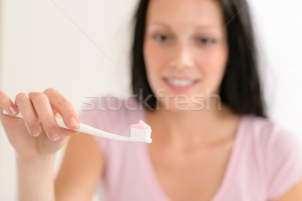 Foto stock: Creme · dental · escova · de · dentes · dentes · higiene · mulher