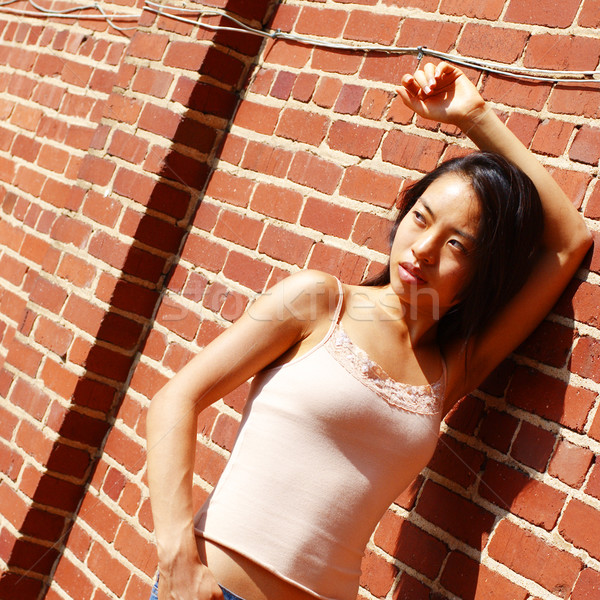 моде девушки модный красный кирпичная стена Сток-фото © cardmaverick2