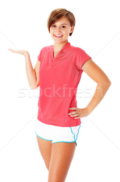 Young Fitness Woman in Red Shirt Presenting, Isolated on White Stock photo © cardmaverick2