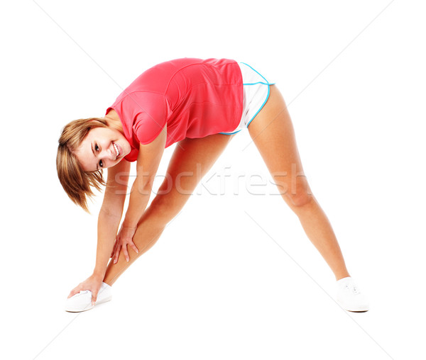 Jungen Fitness Frau rot Shirt Dehnung isoliert Stock foto © cardmaverick2