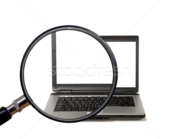 Foto stock: Lupa · laptop · branco · tela · computador · caderno