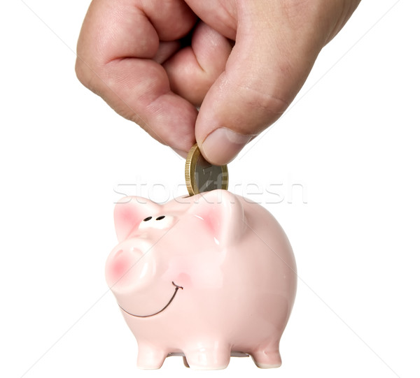 Stock foto: Mann · Geld · Speichern · Schwein · Finanzierung · weiß