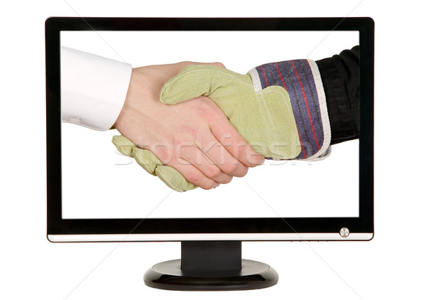 Ręce LCD monitor przemysłu pracownika rękawica Zdjęcia stock © carenas1