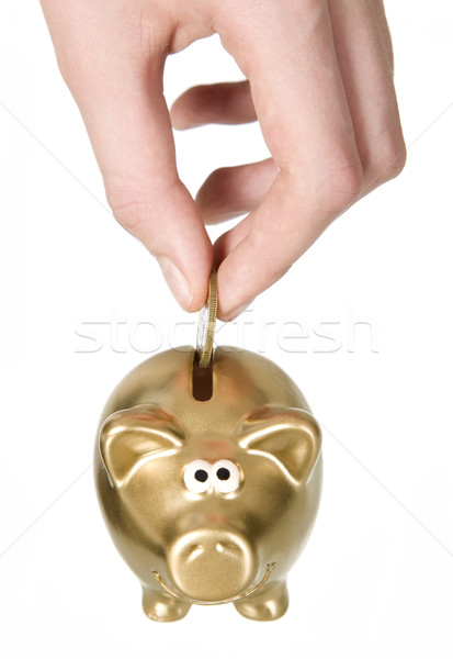 Man is putting coin to golden money box Stock photo © carenas1