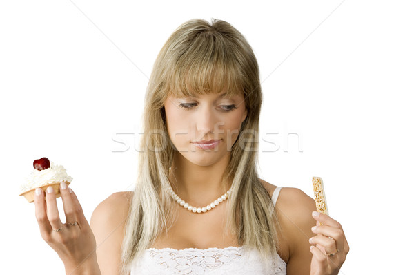 Nem gyönyörű lány habozás választ édes diéta Stock fotó © carlodapino