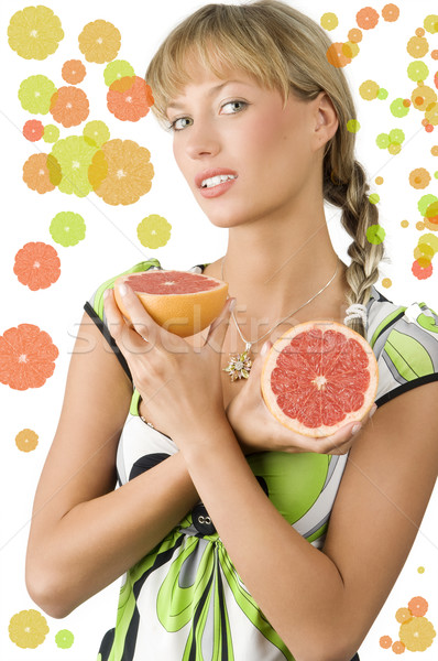 Grapefruit szőke aranyos lány zöld ruha Stock fotó © carlodapino