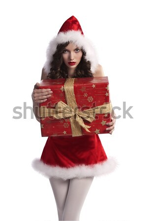 sweet brunette curled girl in santa claus dress Stock photo © carlodapino