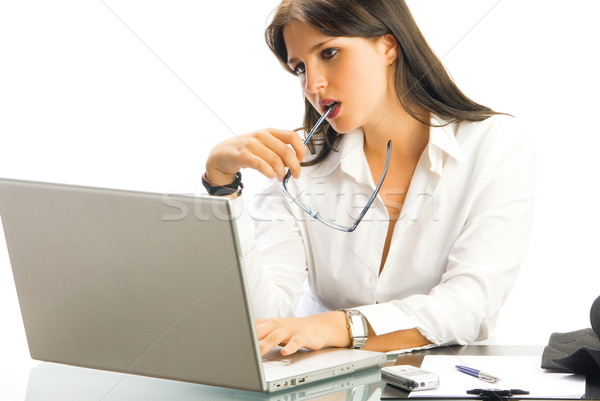 Laptop szemüveg fehérgalléros munkás öntet fehér Stock fotó © carlodapino