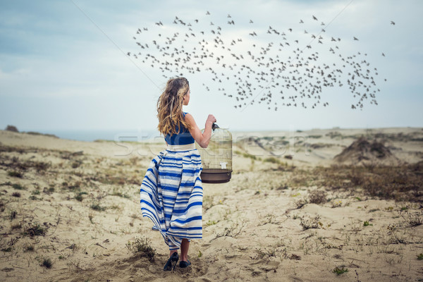 Foto stock: Liberdade · alma · menina · em · pé · deserto · olhando