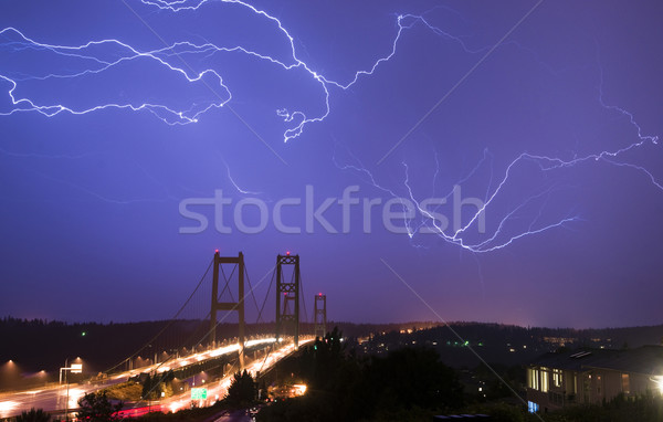 Electrical Storm Lightning Strikes Bolts Tacoma Narrows Bridge W Stock photo © cboswell