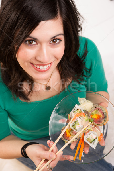 Candid Close Portrait Cute Brunette Woman Raw Food Sushi Lunch Stock photo © cboswell
