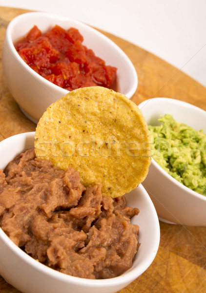 Chips Salsa Refried Beans Guacamole Nachos Food Fresh Appetizer Stock photo © cboswell