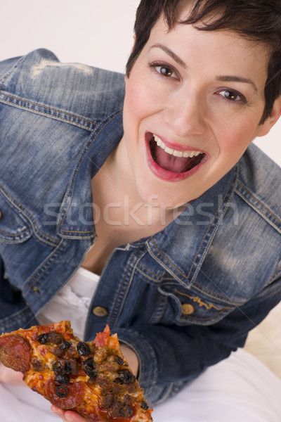 Excited Attractive Woman Eating Hot Pizza Lunch White Background Stock photo © cboswell