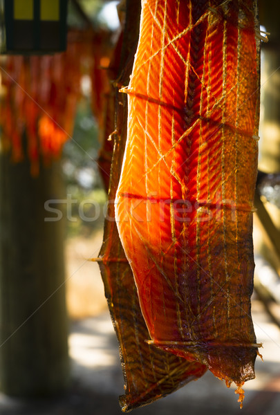 King Salmon Fish Meat Catch Hanging Native American Lodge Drying Stock photo © cboswell