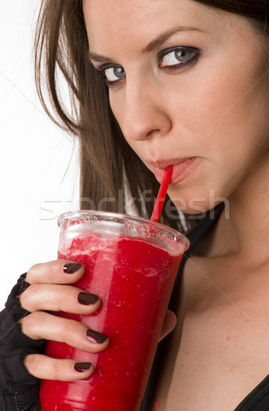 Lány piros smoothie vonzó nő gyümölcs szalmaszál Stock fotó © cboswell