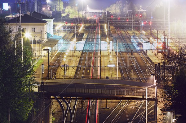 Stock foto: Bahnhof · Nacht · rot · Schwanz · Lichter · Schnellzug