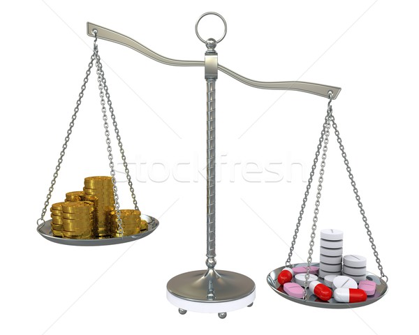 Stock photo: Money and pills in the gold balance scales. Isolated on white background