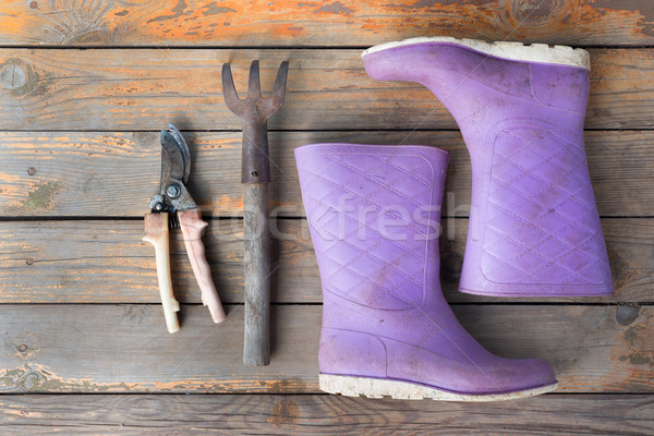 Wooden background with tools and wellingtons Stock photo © cherezoff