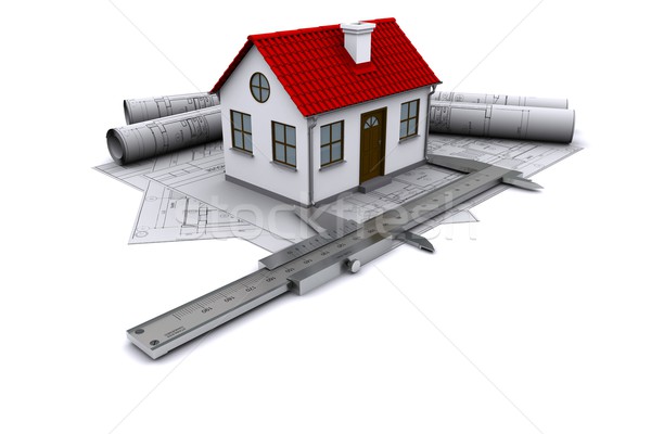 Composition of construction drawings, models at home with red roof and calipers. 3D rendering Stock photo © cherezoff