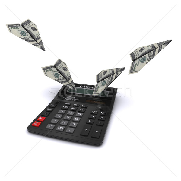 Calculator says paper airplanes out of dollars. 3D rendering Stock photo © cherezoff