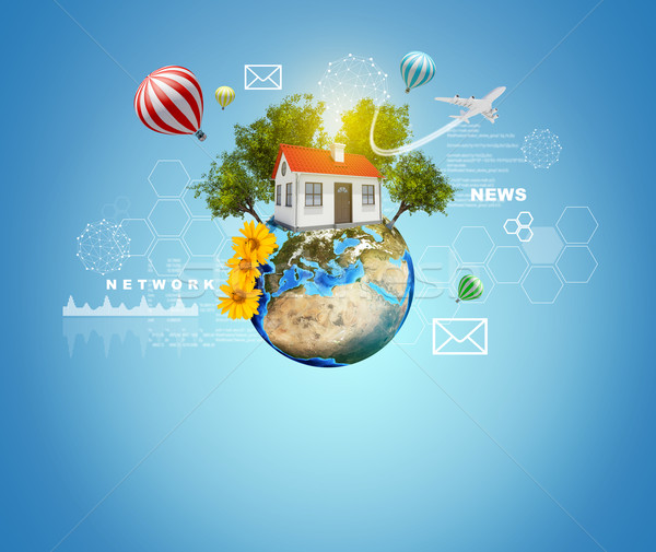 Earth with house. Air balloons, airplane and virtual elements near globe Stock photo © cherezoff