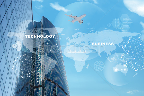 Stad jet grafiek business wereldkaart blauwe hemel Stockfoto © cherezoff