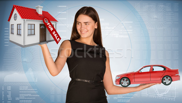 Smiling businesslady holding car and house Stock photo © cherezoff