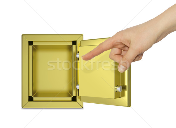 Hand pointing to the open gold safe Stock photo © cherezoff