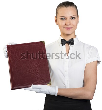 Jungen Kellnerin weiß Handschuhe halten Ordner Stock foto © cherezoff