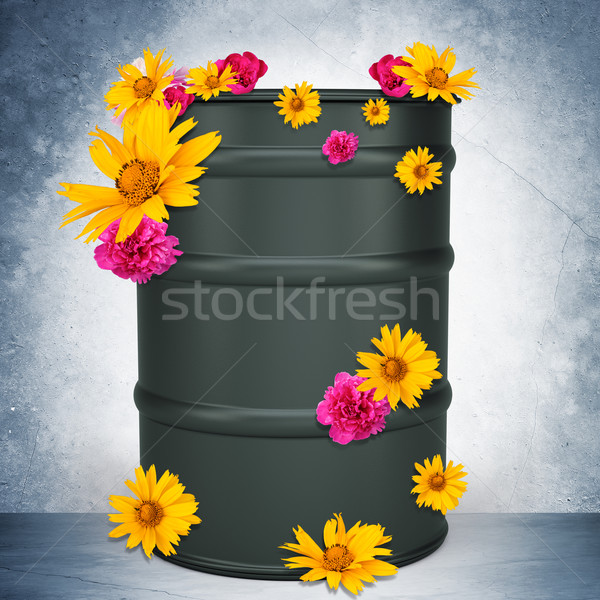 Foto stock: Óleo · barril · cinza · flores · parede · 3D