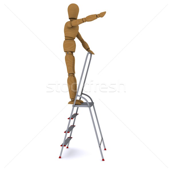 The wooden man rose to the top of a stepladder and hand indicates the direction of motion. 3D render Stock photo © cherezoff