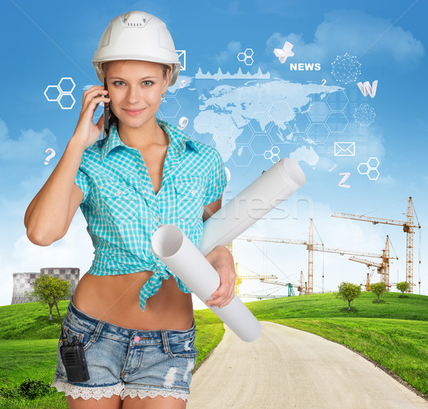 [[stock_photo]]: Constructeur · parler · téléphone · vert · collines · route