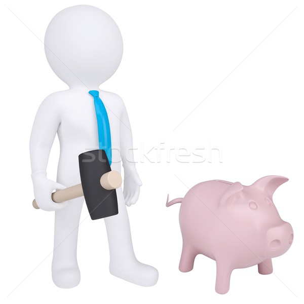 3d white man with hammer next to the piggy bank Stock photo © cherezoff