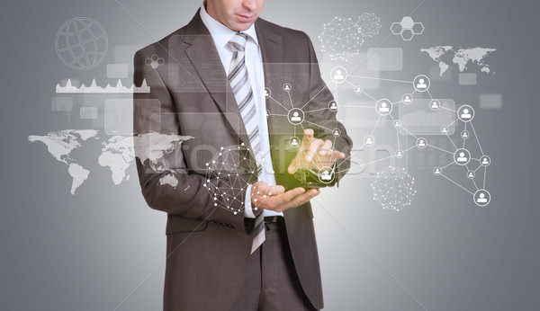 Businessman hold empty copy space. Network, rectangles and world map Stock photo © cherezoff