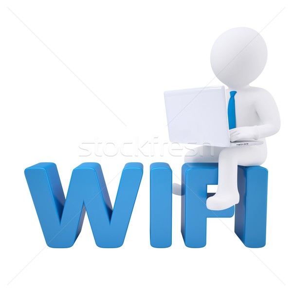 3d man with laptop sitting on the WIFI Stock photo © cherezoff