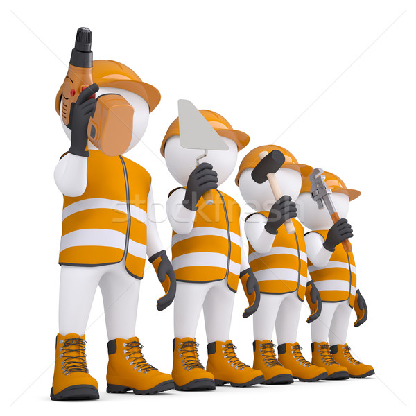 Four 3d white mans in overalls with a tools Stock photo © cherezoff