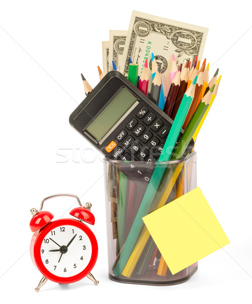Stock photo: Alarm clock with cash and calculator