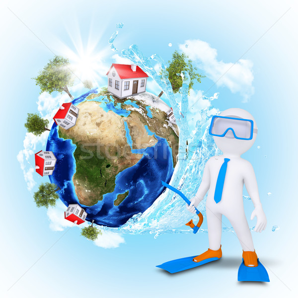 3d diver near the Earth with houses and trees Stock photo © cherezoff