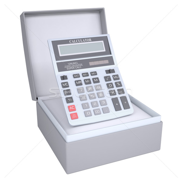 Foto stock: Calculadora · abierto · caja · de · regalo · 3d · aislado · blanco