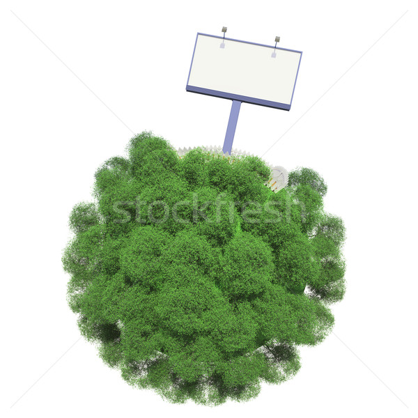Stock photo: Advertising stand on a small green planet. Isolated on white background