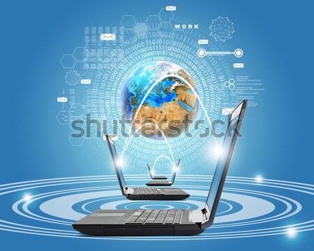 Foto stock: Laptops · mapa · do · mundo · preto · azul · mundo · laptop